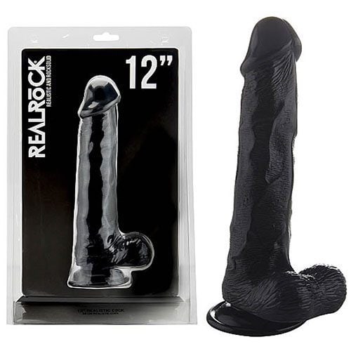 REALROCK 12 Inch Realistic Cock Plus Balls Black Realistic Dildo Packaging REALROCK 12 Inch Realistic Cock Plus Balls Black Realistic Dildo Packaging