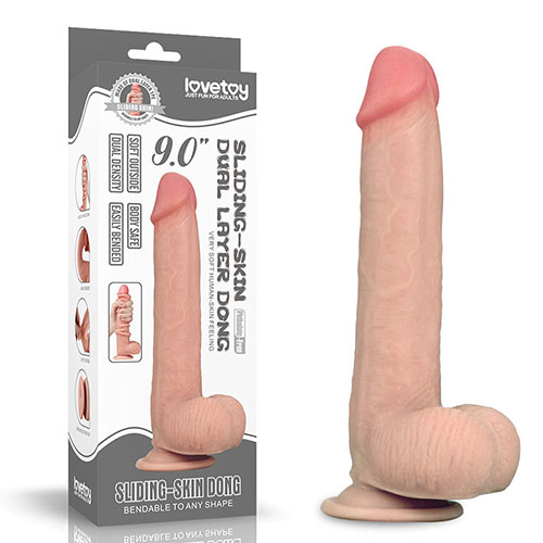 Sliding Skin Dual Layer Dong (9 Inches) With Balls | Dildos