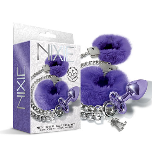 Nixie Metal Butt Plug With Furry Handcuff Set (Purple) | Sex Toys