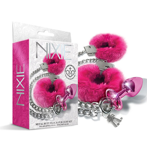 Nixie Metal Butt Plug With Furry Handcuff Set (Pink) | Sex Toys